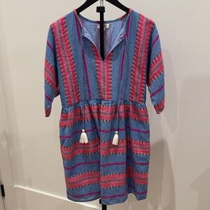 THML Blue Dress with Pink Embroidered Stripes and Tassels